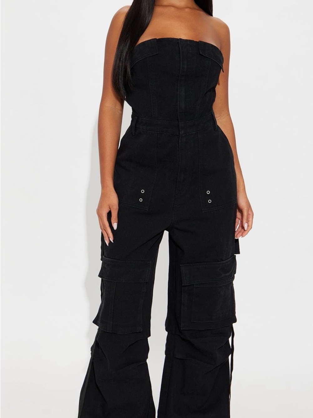 Fashion Nova Black Strapless Roman Cargo Wide-Leg Jumpsuit